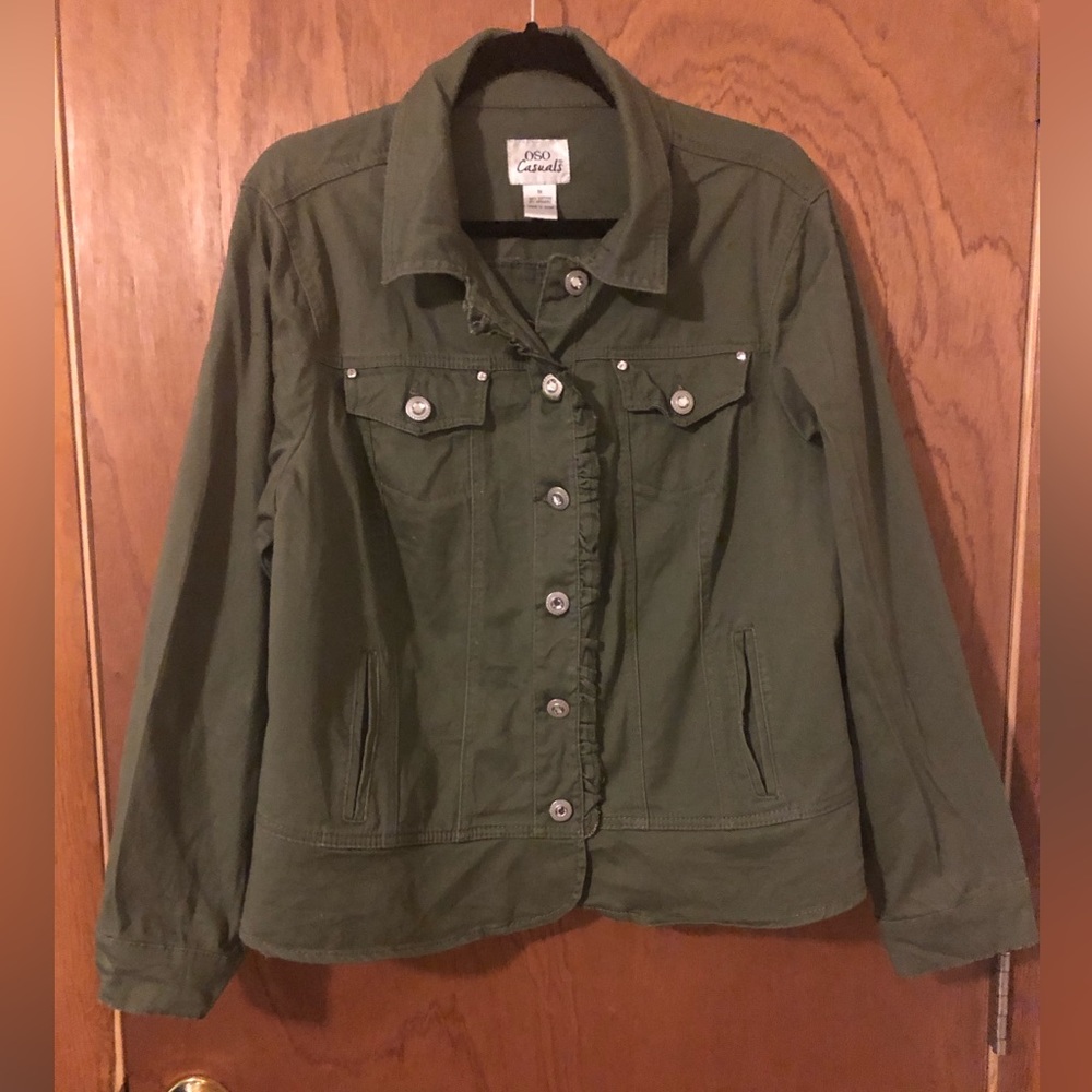 OSO Casuals Green Ruffle Button-Up Denim Jacket